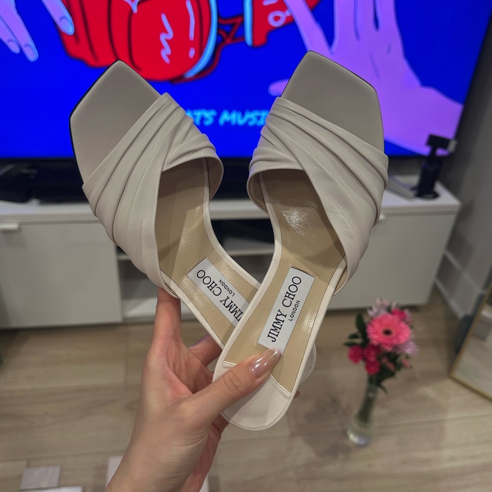 NIB Jimmy Choo Cream White Basil Mule 75 2.9 inches US 8 Eu 38.5